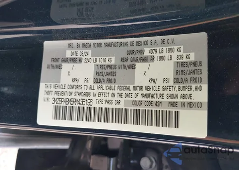 2024 Mazda Mazda3 2.5 S Select Sport из США, поврежденный, VIN 3MZBPABM5RM436196